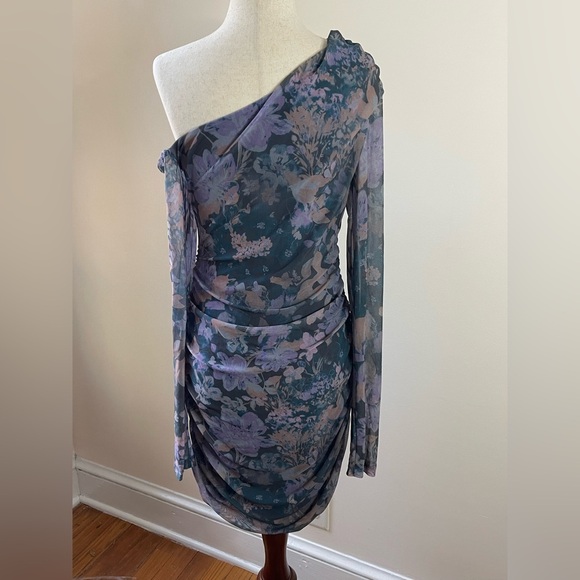Free People One Shoulder Floral Mesh Ruched Bodycon Dress NWOT Medium - Picture 8 of 8